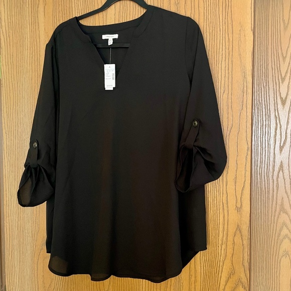 NEW MAURICES MATERNITY TOP SHIRT SIZE M BLACK SEMI-SHEER 3/4 BUTTON SLEEVES - Picture 1 of 6